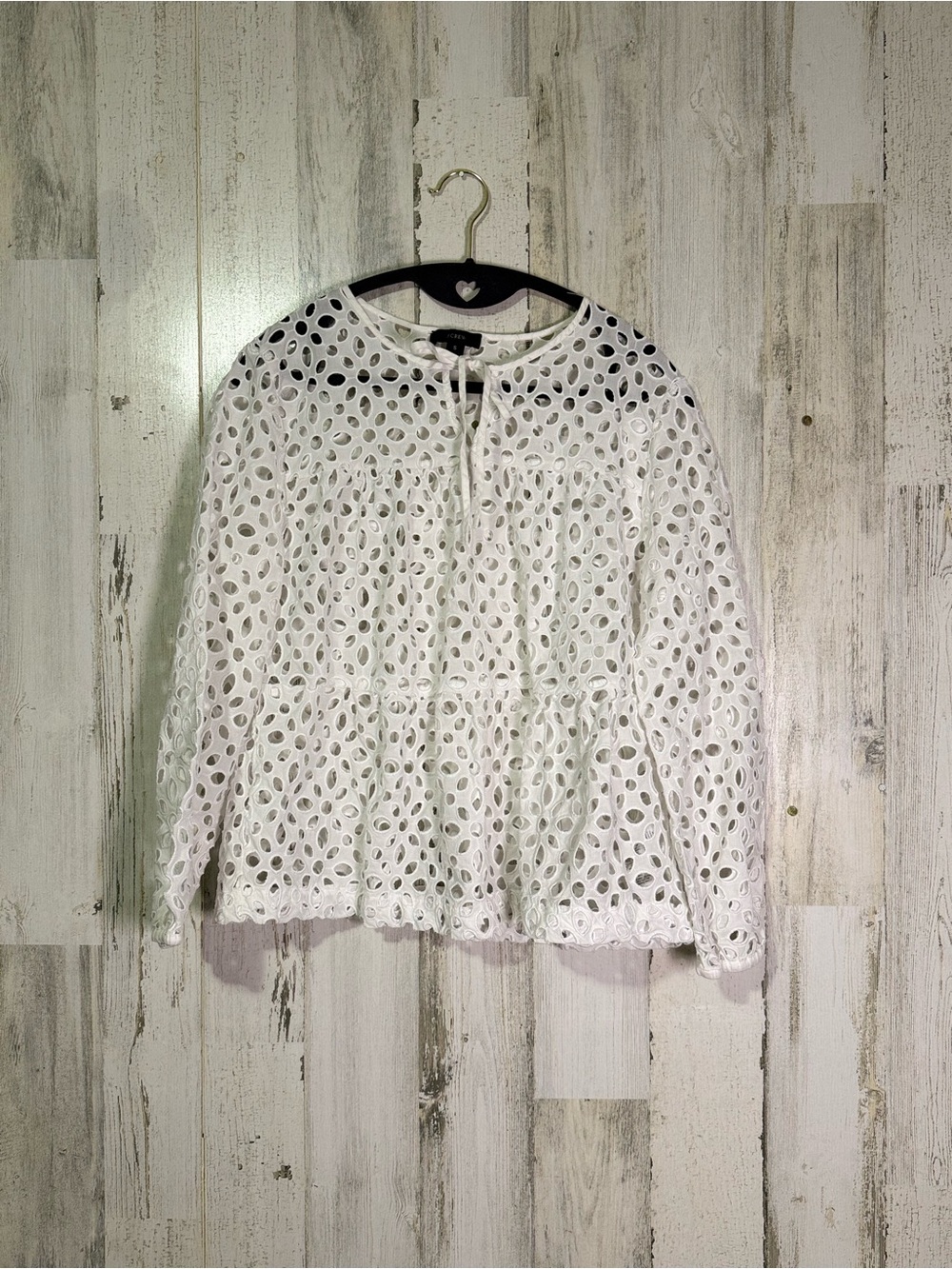 J.Crew White Eyelet Peplum Blouse Top Size Small S Tie Neck Long Sleeve